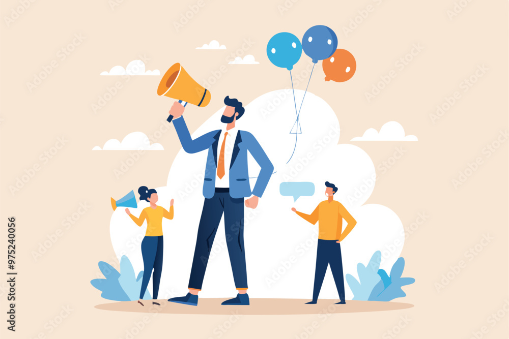 Communication or PR, Public Relations manager to communicate company information and media, announce sales or promotion concept Communication or PR, Public Relations manager to communicate company information and media, announce sales or promotion concept
