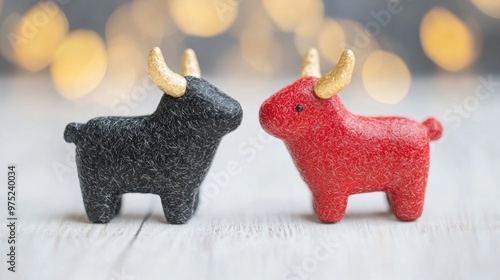 A smartphone screen shows the bull and bear market concept, featuring contrasting figurines symbolizing market dynamics