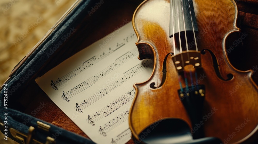 Fototapeta premium A violin resting on sheet music inside a case, symbolizing music and creativity.