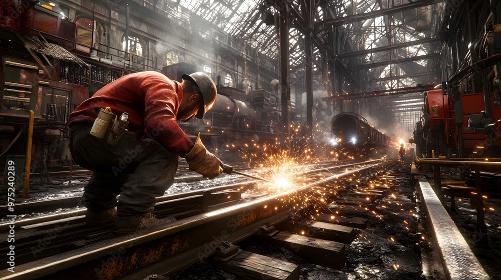 A worker in a railway workshop welds train tracks, sparks flying in the air. A worker in a railway workshop welds train tracks, sparks flying in the air.