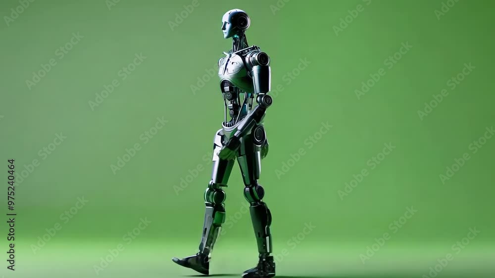 A Robotic Figure in Impressive Motion Set Against a Lush Green Backdrop Background A Robotic Figure in Impressive Motion Set Against a Lush Green Backdrop Background