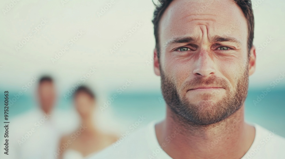 A man experiences deep sadness as tears fall from his eyes, highlighting his emotional distress in a serene setting A man experiences deep sadness as tears fall from his eyes, highlighting his emotional distress in a serene setting