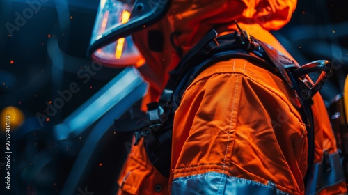 Closeup View of Firefighter s Protective Gear Highlighting Resilience and Emergency Preparedness photo