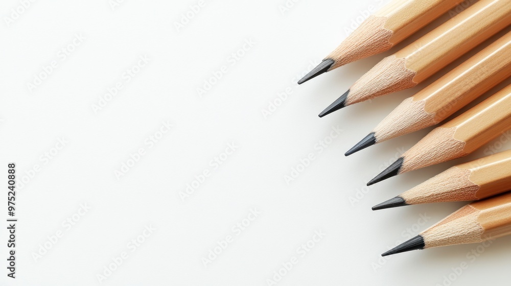 A row of sharpened pencils arranged neatly on a white surface. A row of sharpened pencils arranged neatly on a white surface.