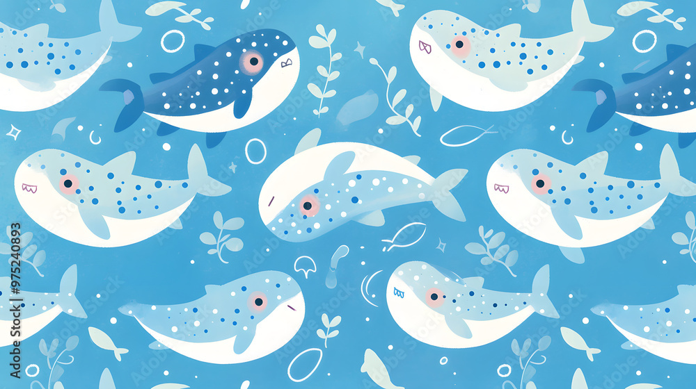 Cute cartoon Whale sharks with sea corals and bubbles, ocean animal themed, blue seamless wallpaper and background. for material, fabric pattern Cute cartoon Whale sharks with sea corals and bubbles, ocean animal themed, blue seamless wallpaper and background. for material, fabric pattern