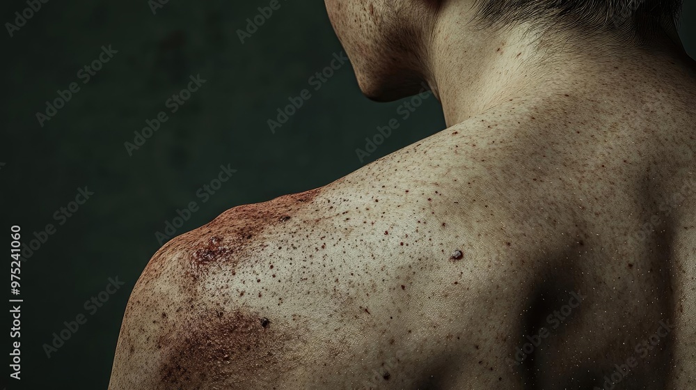 A close-up view of a shoulder with visible skin imperfections, showcasing unique textures and tones in a moody atmosphere. A close-up view of a shoulder with visible skin imperfections, showcasing unique textures and tones in a moody atmosphere.