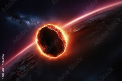 Fiery Asteroid Racing Through Dark Cosmic Space Landscape photo