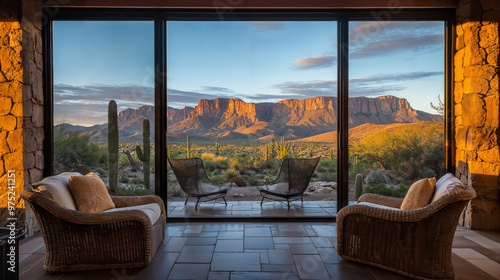 Obraz na płótnie view of desert mountains through large picture window in a southwestern home w salonie