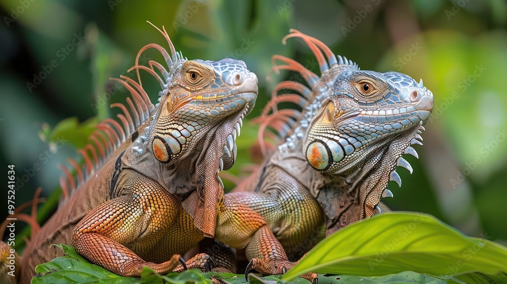 Naklejka premium A pair of bearded dragons sitting together, likely mating partners or family members.