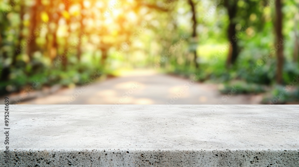 A smooth concrete table stands empty in a tranquil garden, bathed in warm sunlight and surrounded by softly blurred greenery A smooth concrete table stands empty in a tranquil garden, bathed in warm sunlight and surrounded by softly blurred greenery