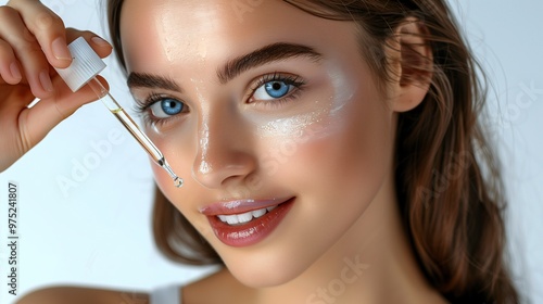 Smiling Caucasian Woman Applying Hyaluronic Acid Serum, Enriched with Vitamin C and Niacinamide for Hydration and Radiant Skin, Solid White Background.