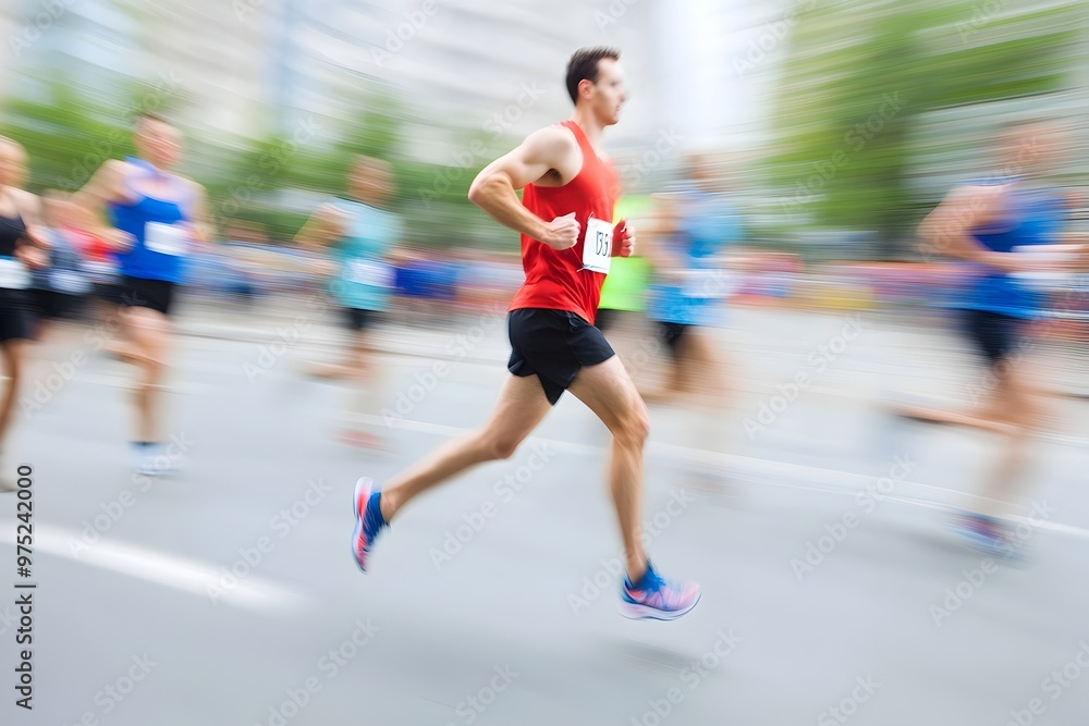 Blurred motion image of an anonymous marathon runner in red jersey sprinting down a city street during a competitive running event with spectators visible in the background. Blurred motion image of an anonymous marathon runner in red jersey sprinting down a city street during a competitive running event with spectators visible in the background.