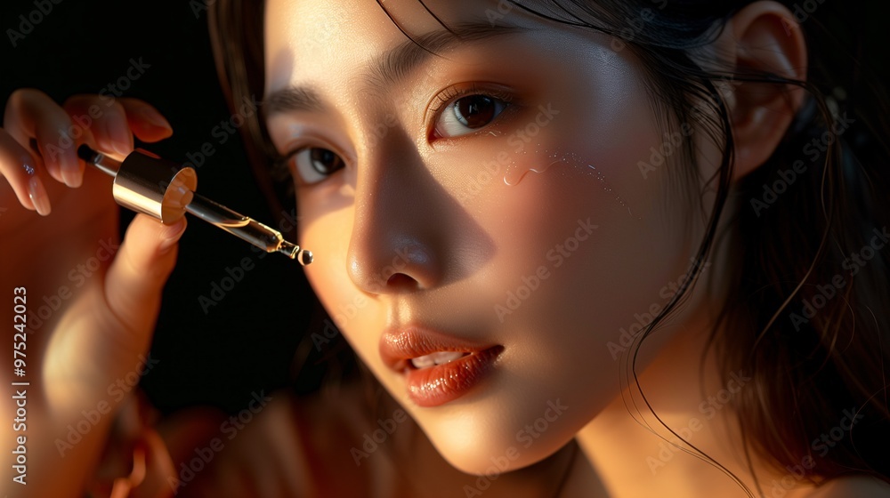 Fototapeta premium Asian Woman Applying Hyaluronic Acid Serum, Enriched with Vitamin C and Niacinamide for Hydration and Radiant Skin.