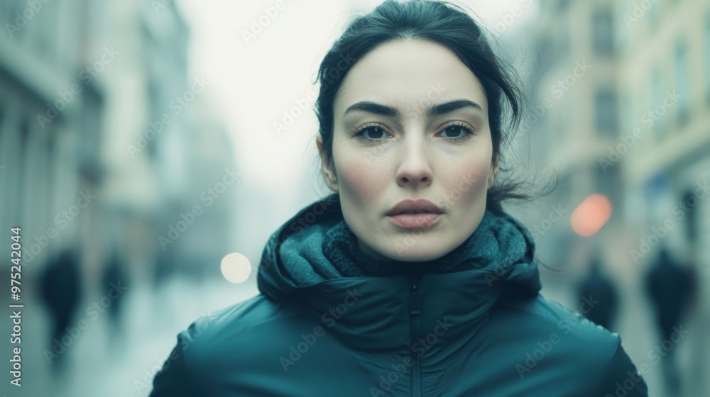 A determined woman jogs through a misty cityscape, surrounded by blurred figures in the background A determined woman jogs through a misty cityscape, surrounded by blurred figures in the background