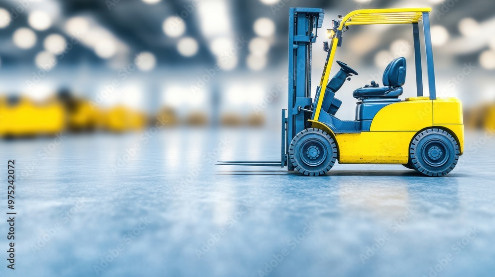 A forklift truck transports materials in a spacious industrial warehouse filled with machinery and equipment A forklift truck transports materials in a spacious industrial warehouse filled with machinery and equipment
