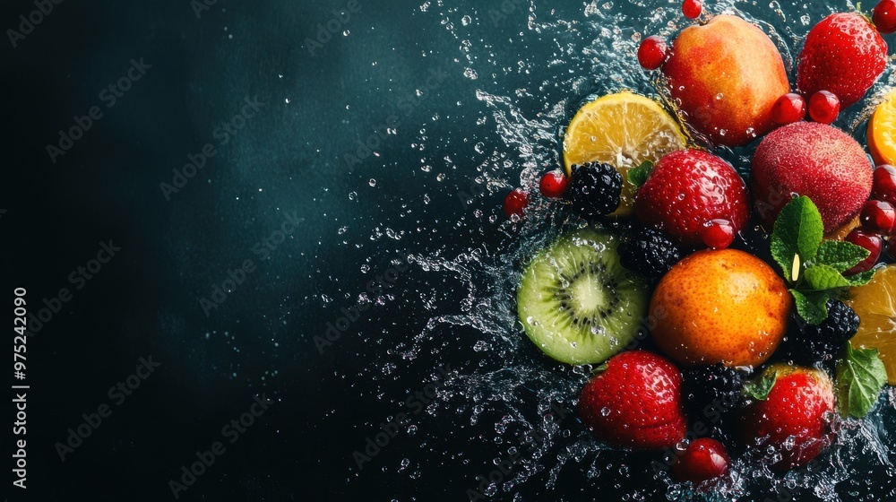 A variety of fresh fruits burst through water, creating dynamic splashes against a dark background, showcasing their vibrant colors and textures A variety of fresh fruits burst through water, creating dynamic splashes against a dark background, showcasing their vibrant colors and textures
