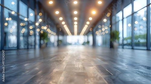 Blurred interior of modern office building with bokeh lights. - Generated AI