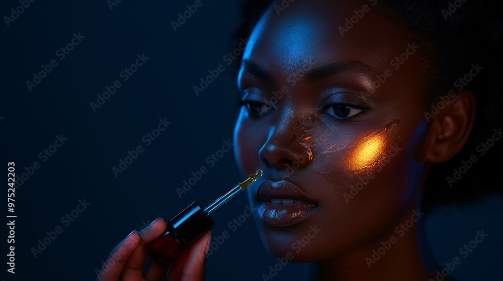 Obraz premium Afro-American Woman Applying Hyaluronic Acid Serum, Enriched with Vitamin C and Niacinamide for Hydration and Radiant Skin.