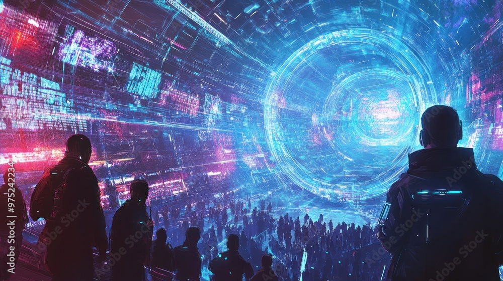 A futuristic digital landscape with a crowd observing a glowing portal. A futuristic digital landscape with a crowd observing a glowing portal.