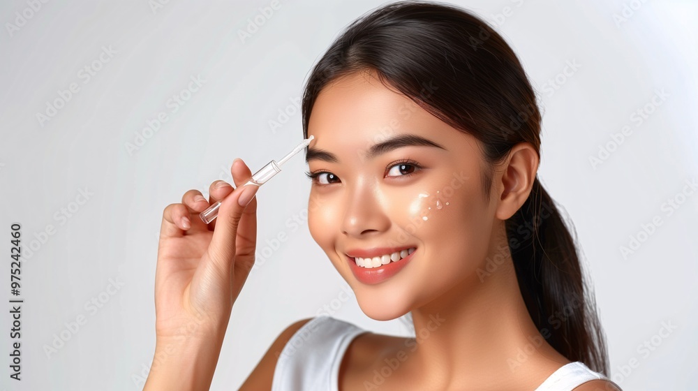 Smiling Asian Woman Applying Hyaluronic Acid Serum, Enriched with Vitamin C and Niacinamide for Hydration and Radiant Skin, Solid White Background. Smiling Asian Woman Applying Hyaluronic Acid Serum, Enriched with Vitamin C and Niacinamide for Hydration and Radiant Skin, Solid White Background.