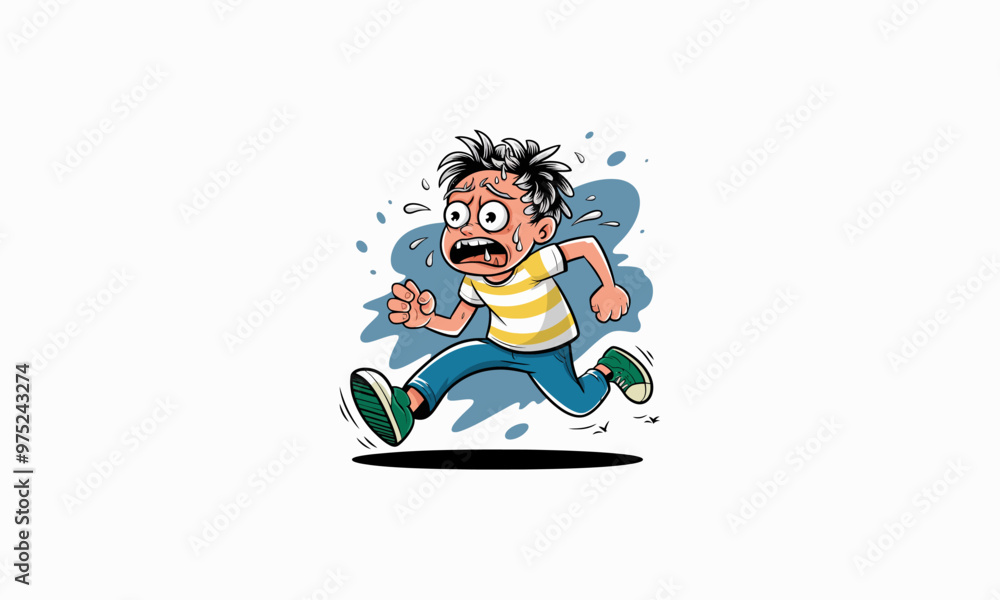 Obraz premium Cartoon boy running in fear with a panicked expression.