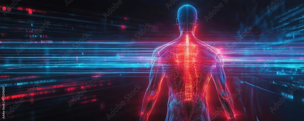 Futuristic human figure with glowing lines representing energy flow, showcasing a blend of technology and biology in a digital world. Futuristic human figure with glowing lines representing energy flow, showcasing a blend of technology and biology in a digital world.