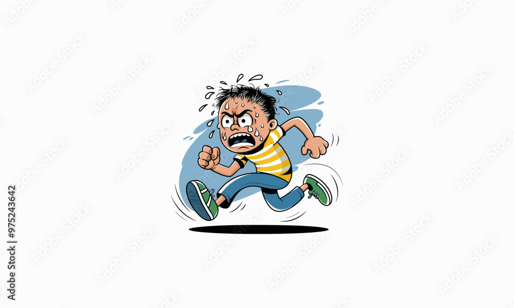 Cartoon boy running in fear with a panicked expression. Cartoon boy running in fear with a panicked expression.
