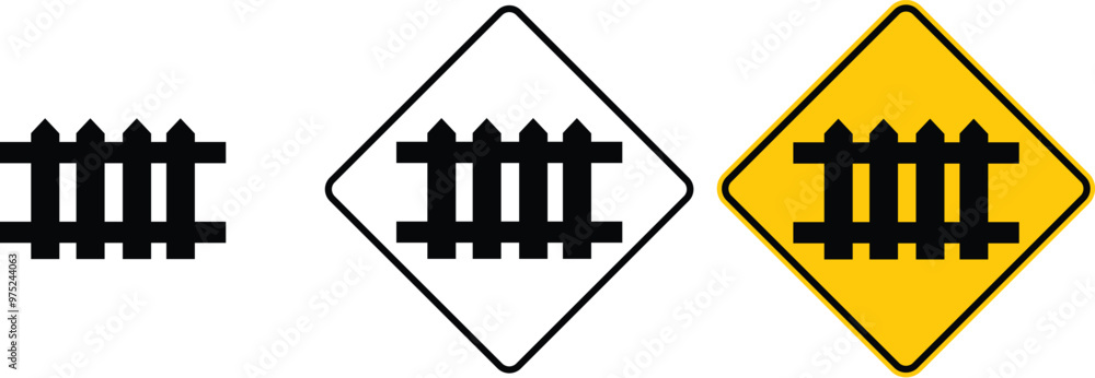 icon Railway crossing on next side road ahead sign yellow outline traffic warning sign design for yellow background and black and white background icon Railway crossing on next side road ahead sign yellow outline traffic warning sign design for yellow background and black and white background