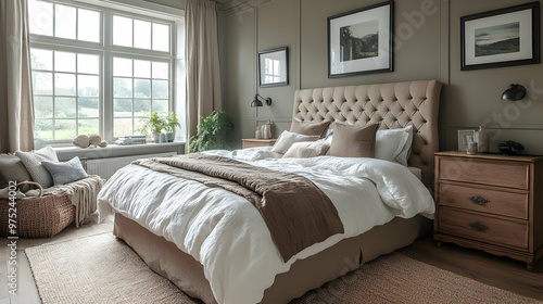 A bedroom with a large bed, white linens, and a brown headboard. There is a window with a view of a green field and a large rug on the floor.