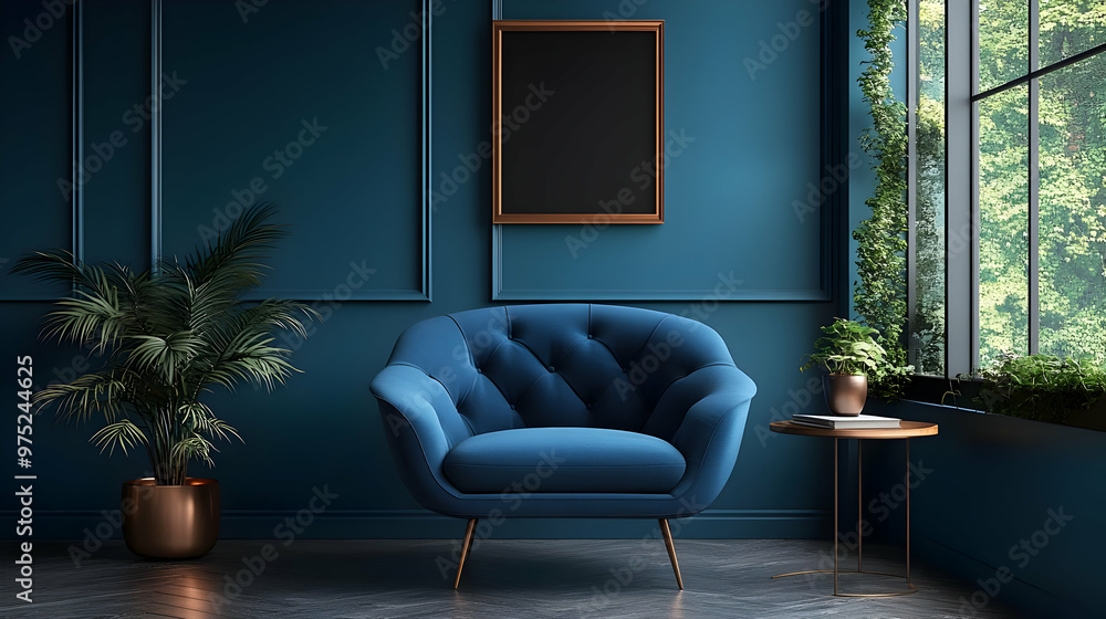 A blue velvet armchair sits in a stylish living room with a large window and a potted plant. A blue velvet armchair sits in a stylish living room with a large window and a potted plant.