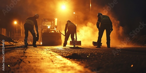Silhouettes of construction workers in a smoky night scene working on the asphalt road.