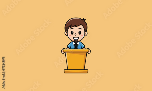 Smiling boy giving a speech at a podium with a microphone.