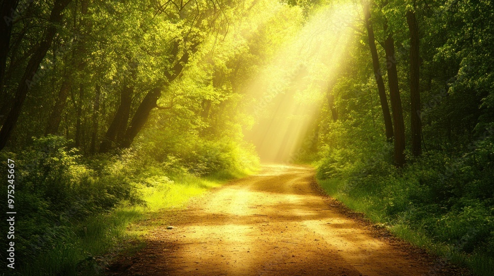 Obraz premium A serene forest path illuminated by sunlight, inviting tranquility and exploration.