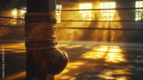 A photo of an empty boxing ring with old leather gloves draped over the corner post, dim, golden lighting casting deep shadows across the ring, evoking a sense of nostalgia photo