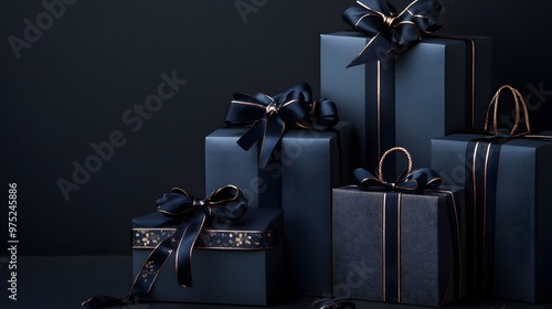 The image represents a neatly wrapped gift box with a shiny ribbon, surrounded by smaller gift boxes of various sizes and colors A suitable name for this image could be Festive Gift Box Display. photo