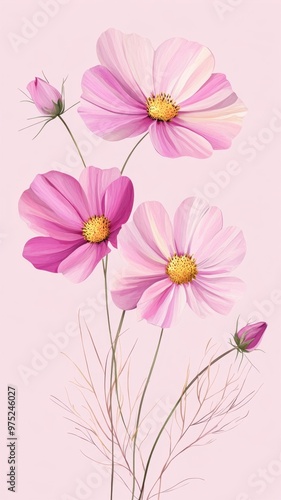 Watercolor Illustration set of Pink cosmos flowers on a white background,spring summer nature,Vibrant pink cosmos blooming,Children's card,banner,raindrops drawn by hand.