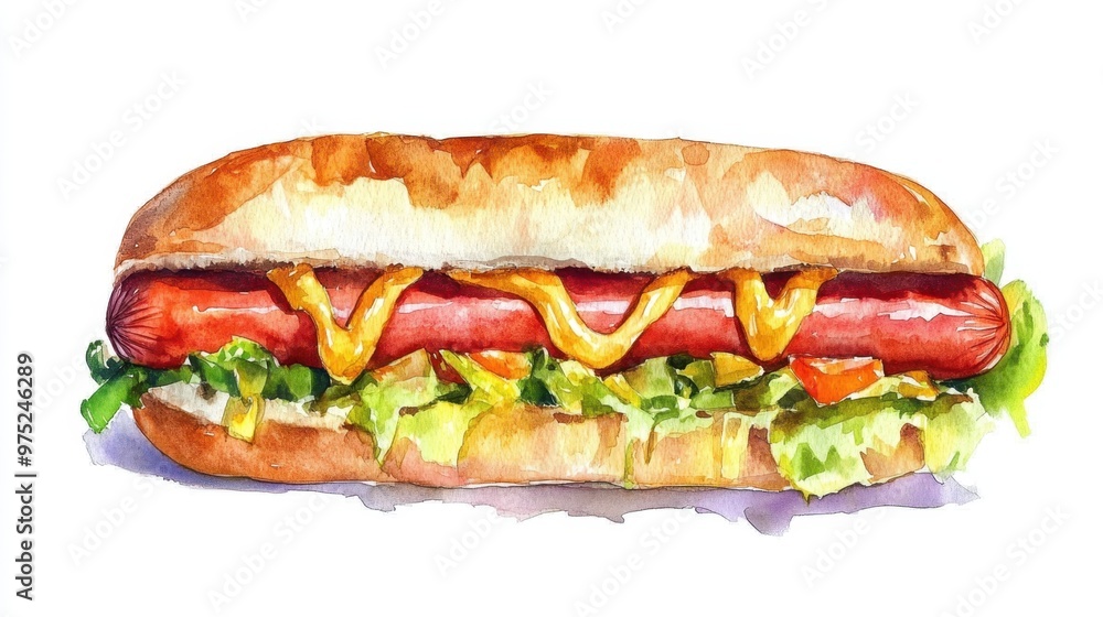 Watercolor of fresh american hot dog with mustard on color background,Social media templates,sale promotions on the Food menu,Fresh American classic hot dog with fragrant concept. Watercolor of fresh american hot dog with mustard on color background,Social media templates,sale promotions on the Food menu,Fresh American classic hot dog with fragrant concept.