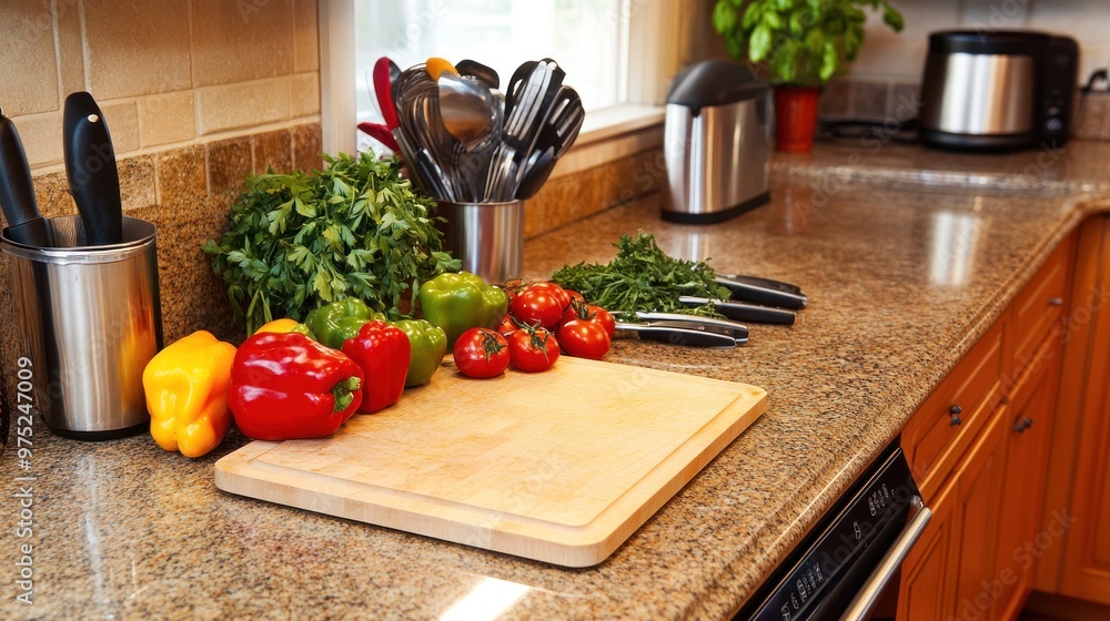 A kitchen countertop with fresh vegetables, utensils, and a cutting board for meal preparation. A kitchen countertop with fresh vegetables, utensils, and a cutting board for meal preparation.