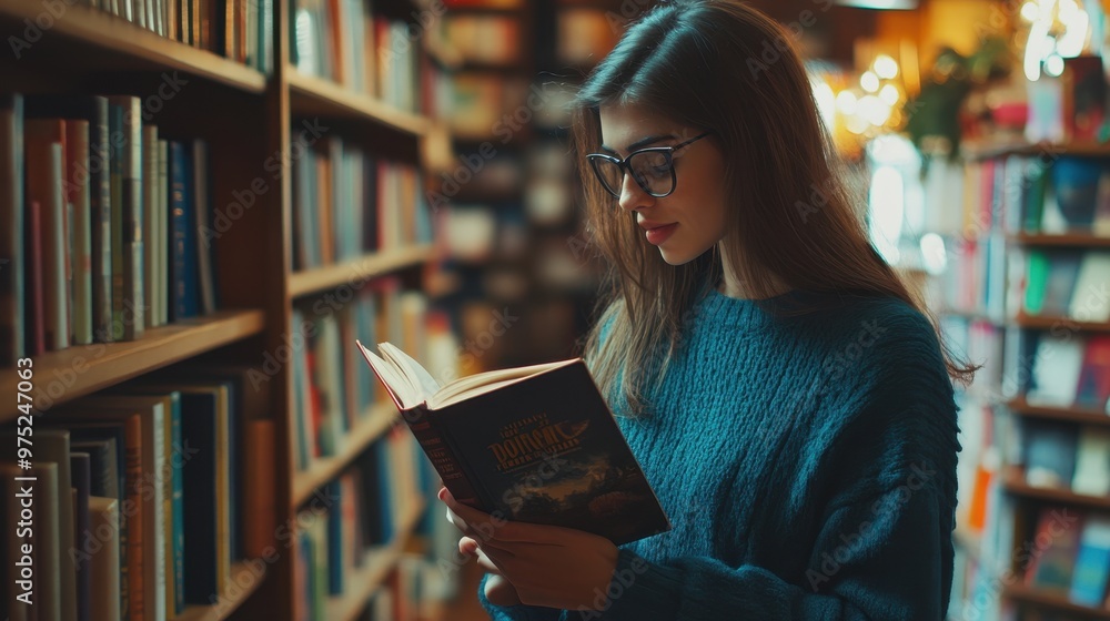 Young female customer reading a book in bookstore,Woman picking a book to reads a book while standing in a vibrant,Girl choosing what to read in bookstore,Education, studying concept Young female customer reading a book in bookstore,Woman picking a book to reads a book while standing in a vibrant,Girl choosing what to read in bookstore,Education, studying concept