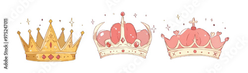 Stylish set of three crown clip art designs on a transparent background, perfect for embellishments, logos, and decorative elements in various creative projects.