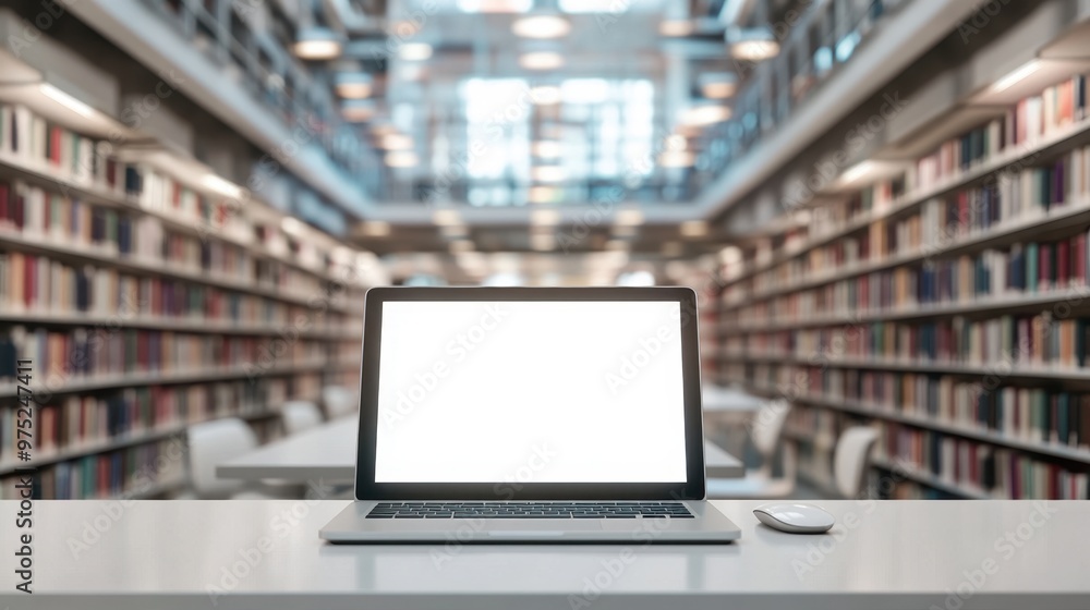Laptop with blank screen on table in Modern library or bookstore interior with Learning and coworking space,relax zone,Library with rows of bookshelves,school or university,education concept. Laptop with blank screen on table in Modern library or bookstore interior with Learning and coworking space,relax zone,Library with rows of bookshelves,school or university,education concept.