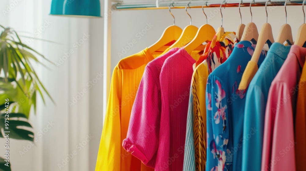 Obraz premium Colorful fashion Clothes on a clothing hanger,knitwear and hoodies on hangers,Minimal fashion clothes on a rack,Fashion blog, website, social media,store in shopping mall,sale online.