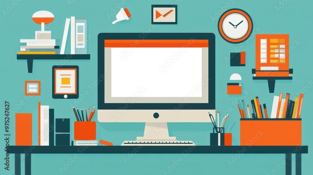 A minimalist workspace with a computer, stationery, and decorative items. A minimalist workspace with a computer, stationery, and decorative items.