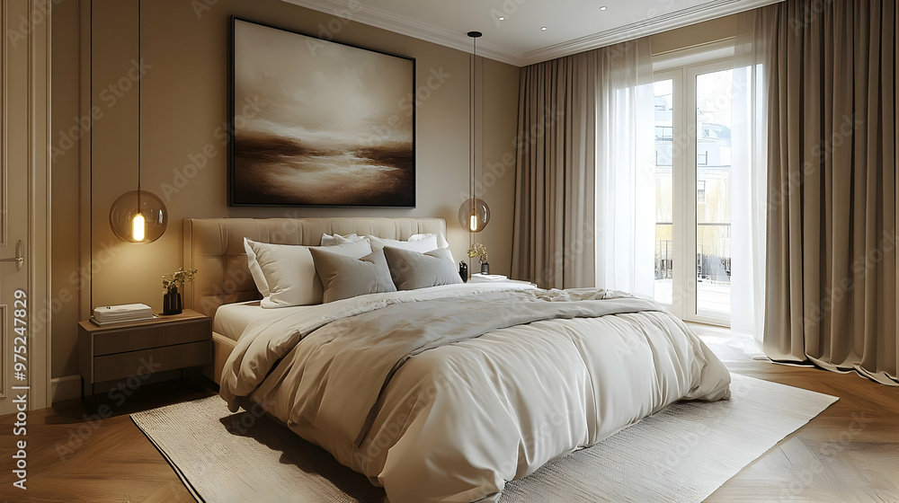 A cozy bedroom with a large bed, a bedside table, a rug, and a large painting on the wall. A cozy bedroom with a large bed, a bedside table, a rug, and a large painting on the wall.