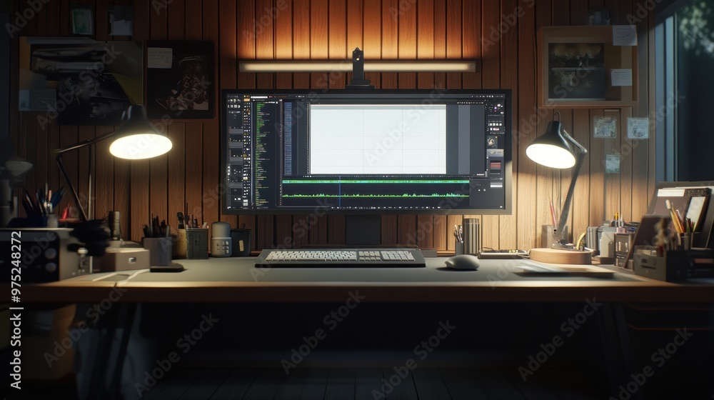 A modern workspace featuring a large monitor, desk, and organized stationery for productivity. A modern workspace featuring a large monitor, desk, and organized stationery for productivity.