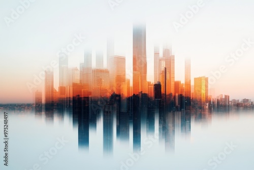 Abstract City Skyline Embraced by Twilight Hues and Reflections of Urban Life in Motion photo