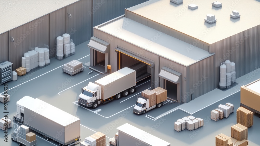 Illustration of a small warehouse with loading docks and trucks being loaded for delivery Illustration of a small warehouse with loading docks and trucks being loaded for delivery