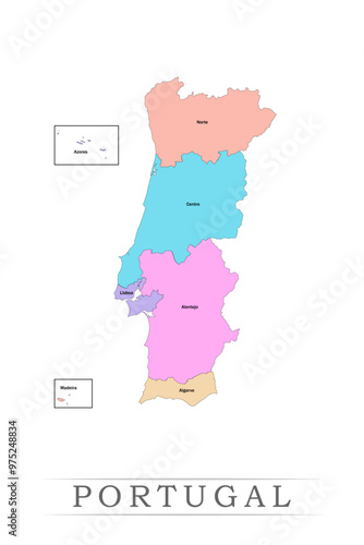 Portugal administrative divisions. Portugal map illustration vector.