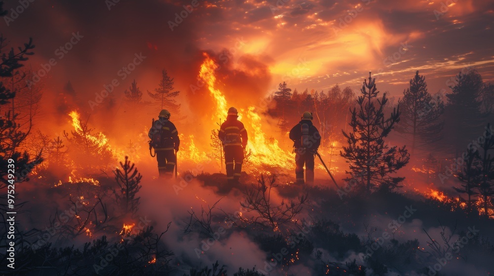 Fototapeta premium Courageous Firefighters Battling Raging Forest Fire at Dusk