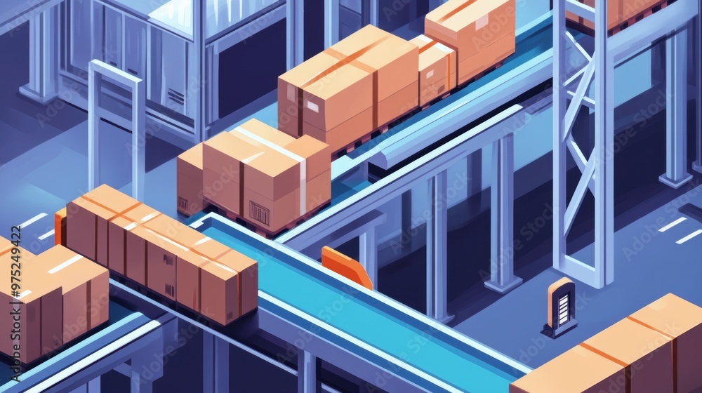 Illustration of a conveyor belt system moving packages through a warehouse Illustration of a conveyor belt system moving packages through a warehouse